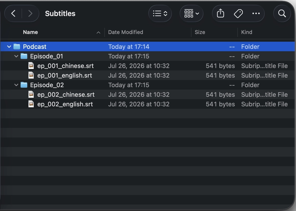 Two episode folders and their subtitle files inside a Podcast folder in Finder