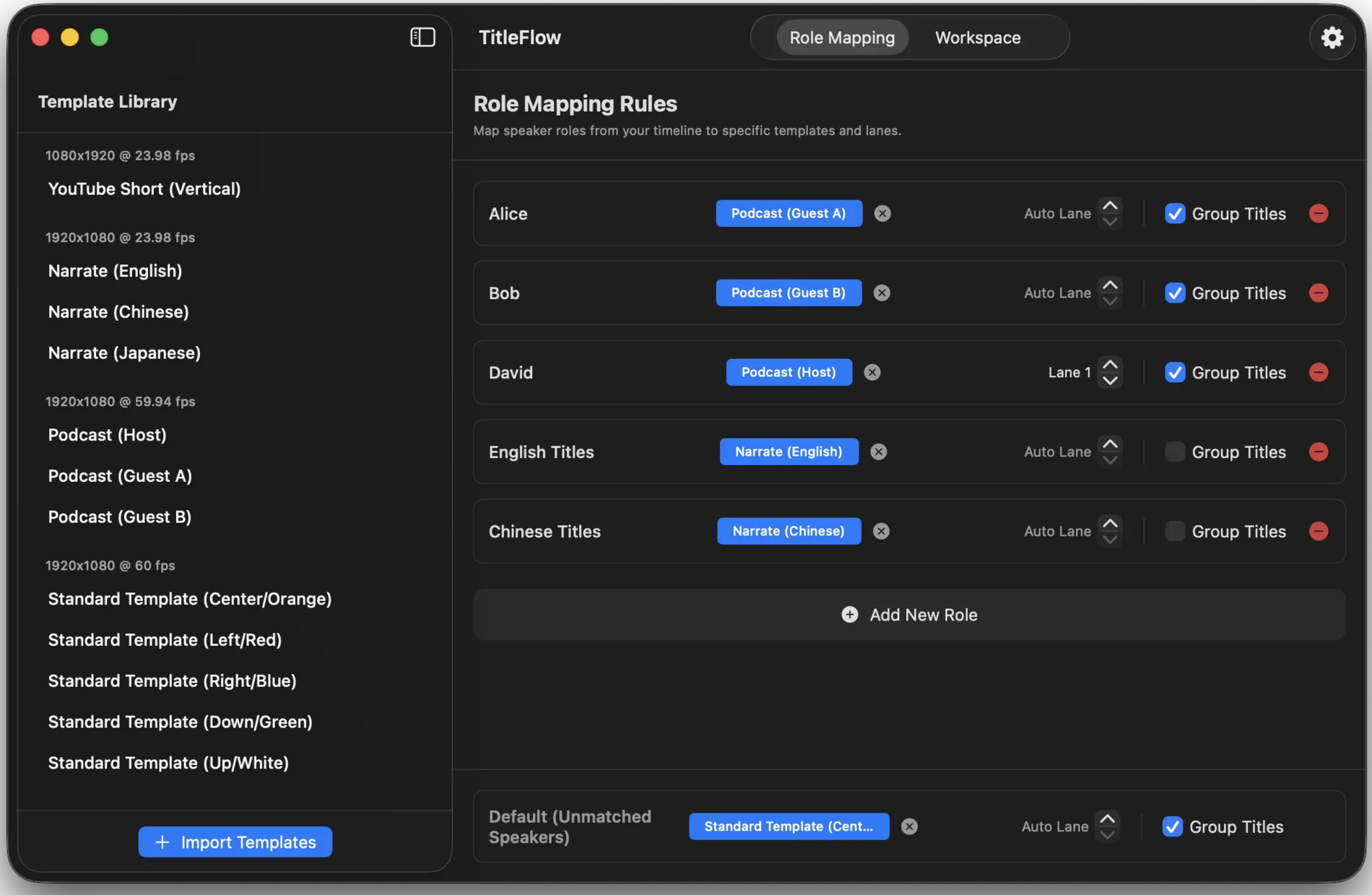 TitleFlow Role Mapping screen including Default