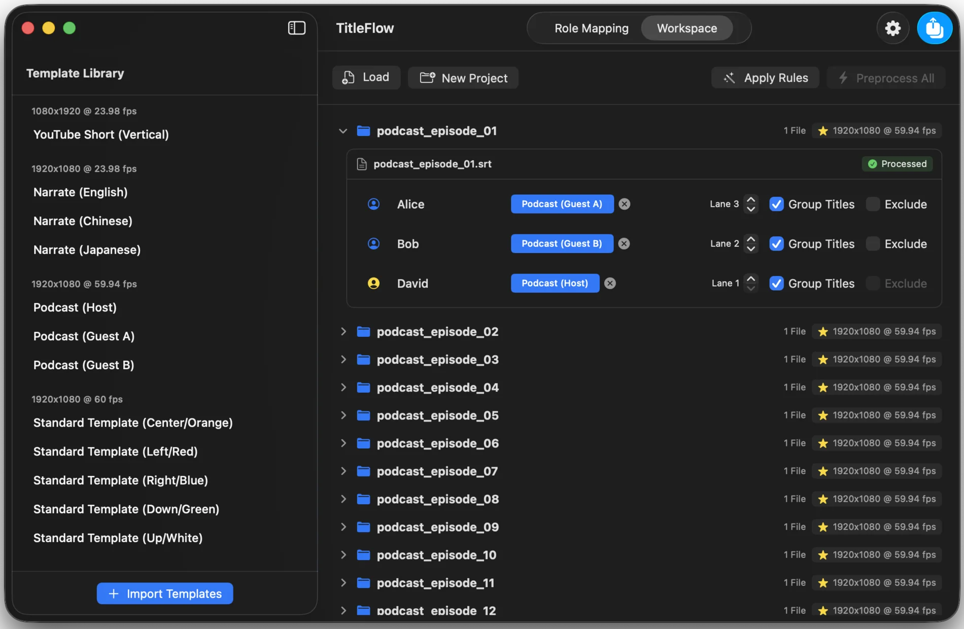 TitleFlow workspace with multiple projects and speaker settings